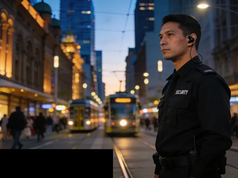 Licensed security guard on patrol in the Melbourne CBD