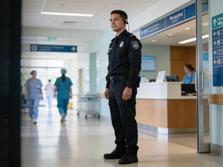Licensed healthcare security guard supporting staff at a Melbourne hospital entrance