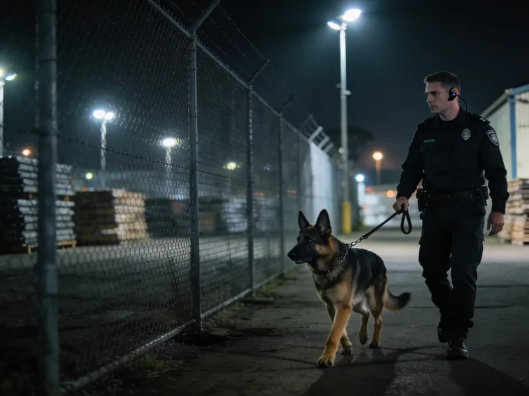 Licensed K9 security dog handler unit patrolling a Melbourne site