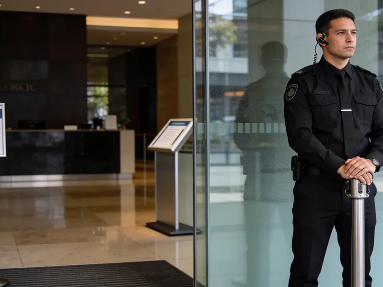 Licensed static security guard on a fixed post at a Melbourne building entrance